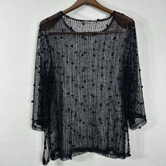 Liv Women's Top Black Crochet Sequin Net 3/4 Sleeves Beach Tunic Sweater Size L - Picture 2 of 6